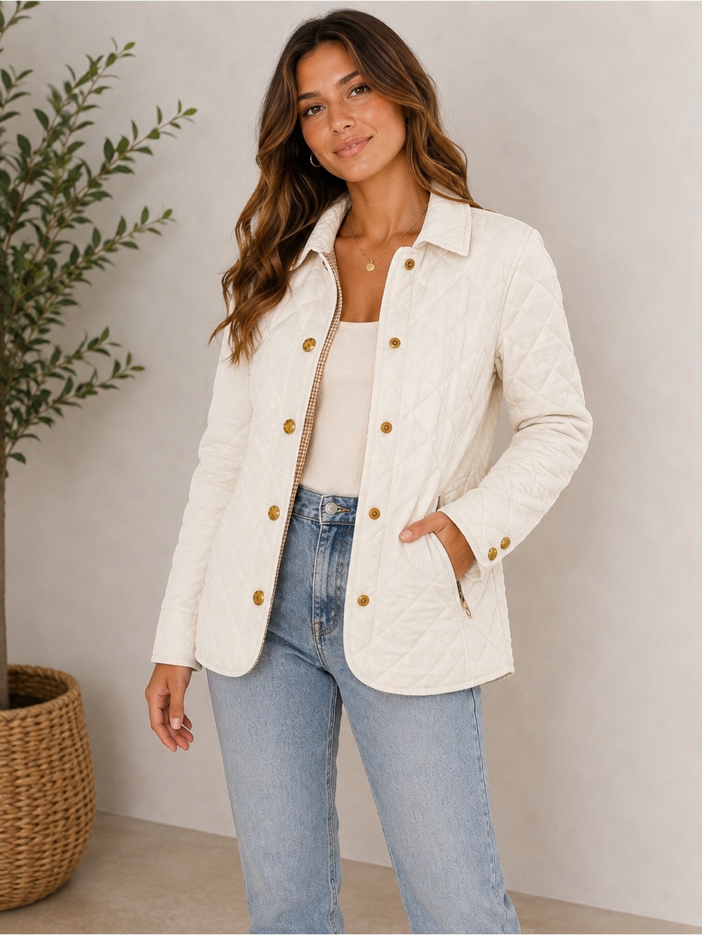 crown & ivy Quilted Cream Jacket with Gold Buttons